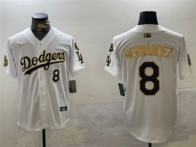 Men's Los Angeles Dodgers #8 Enrique Hernández White/Gold 2024 World Series With Fernando Memorial Patch Home Limited Stitched Baseball Jersey Men's Los Angeles Dodgers #8 Enrique Hernández White/Gold 2024 World Series With Fernando Memorial Patch Home Limited Stitched Baseball Jersey